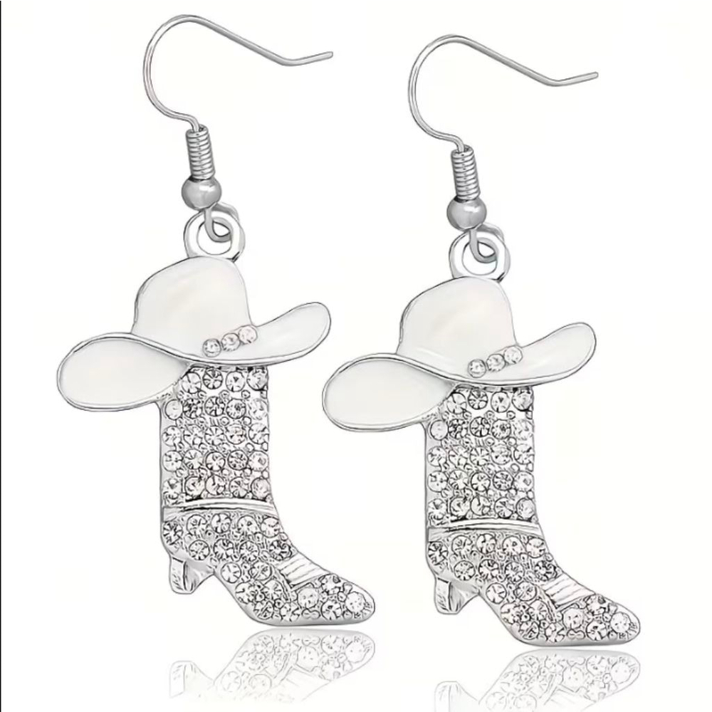 Women's Silver & White Cowboy Hat Boot Dangle Earrings One Size